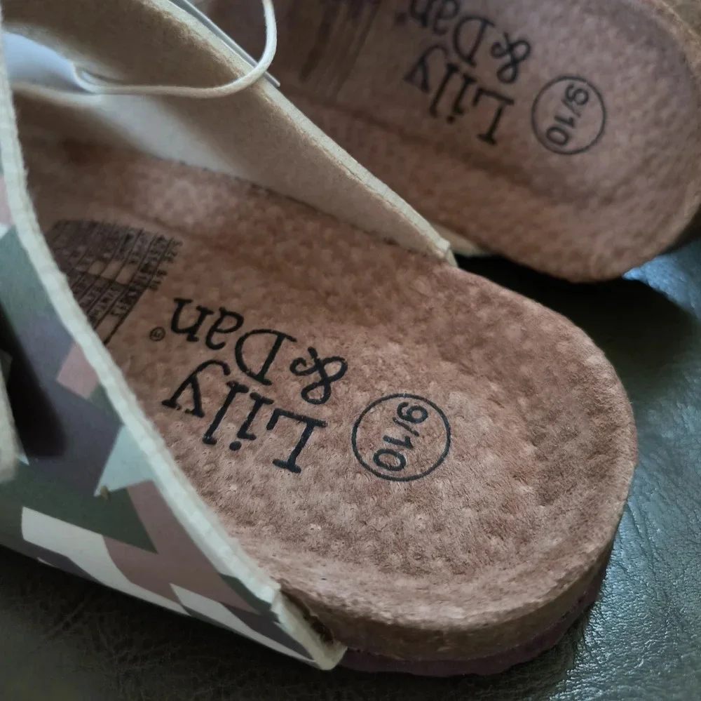 Cream tan brown green Birkenstock style sandals kids camouflage style pattern